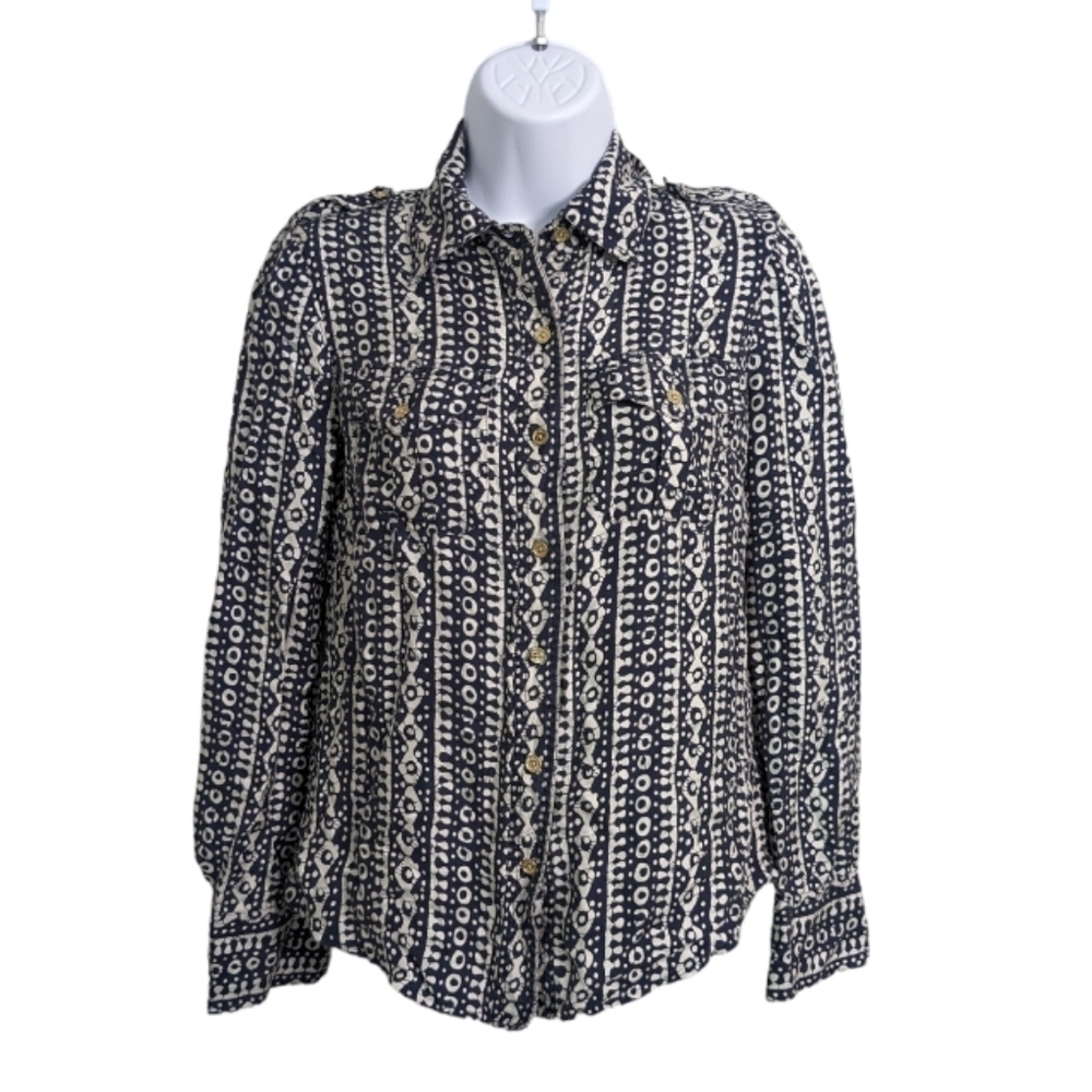 Tory Burch 100% Silk Navy Blue White Button Down Shirt Blouse Long Sleeve Size 0